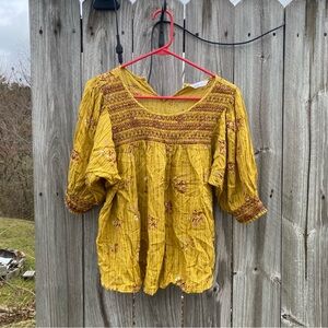 Mustard Yellow Puffed Sleeve Floral Embroidered Bohemian Blouse L (needs button)